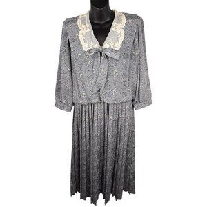 VTG 80s Paisley Cottage Core Prairie Lace Neckline Midi Dress Pleated Women’s 10